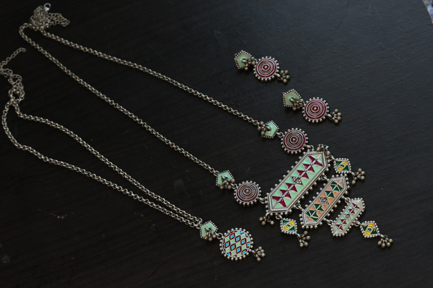 Long Tisha Silver Look Enamel Necklace Set - Style 3