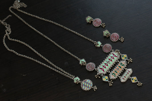 Long Tisha Silver Look Enamel Necklace Set - Style 3