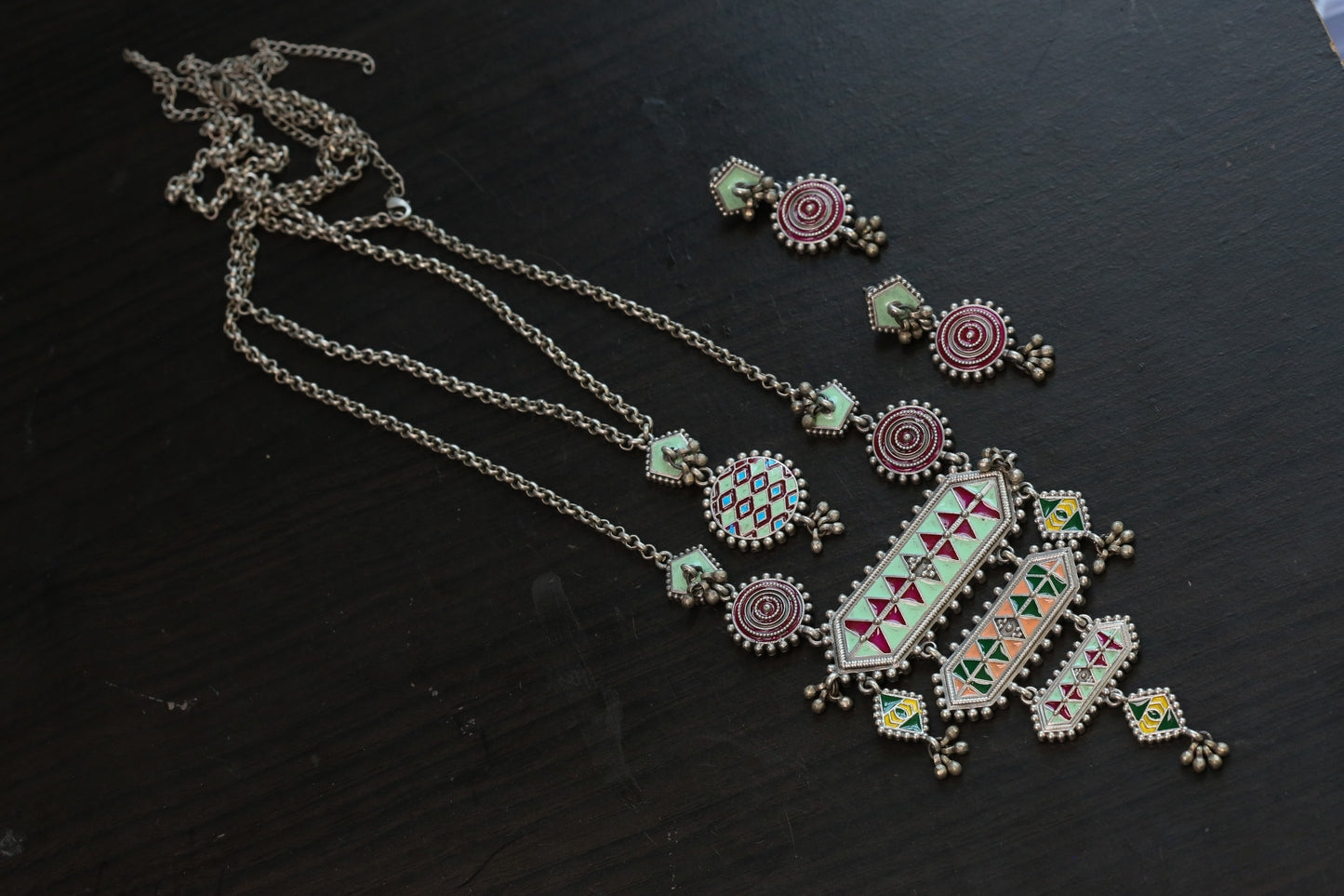 Long Tisha Silver Look Enamel Necklace Set - Style 3