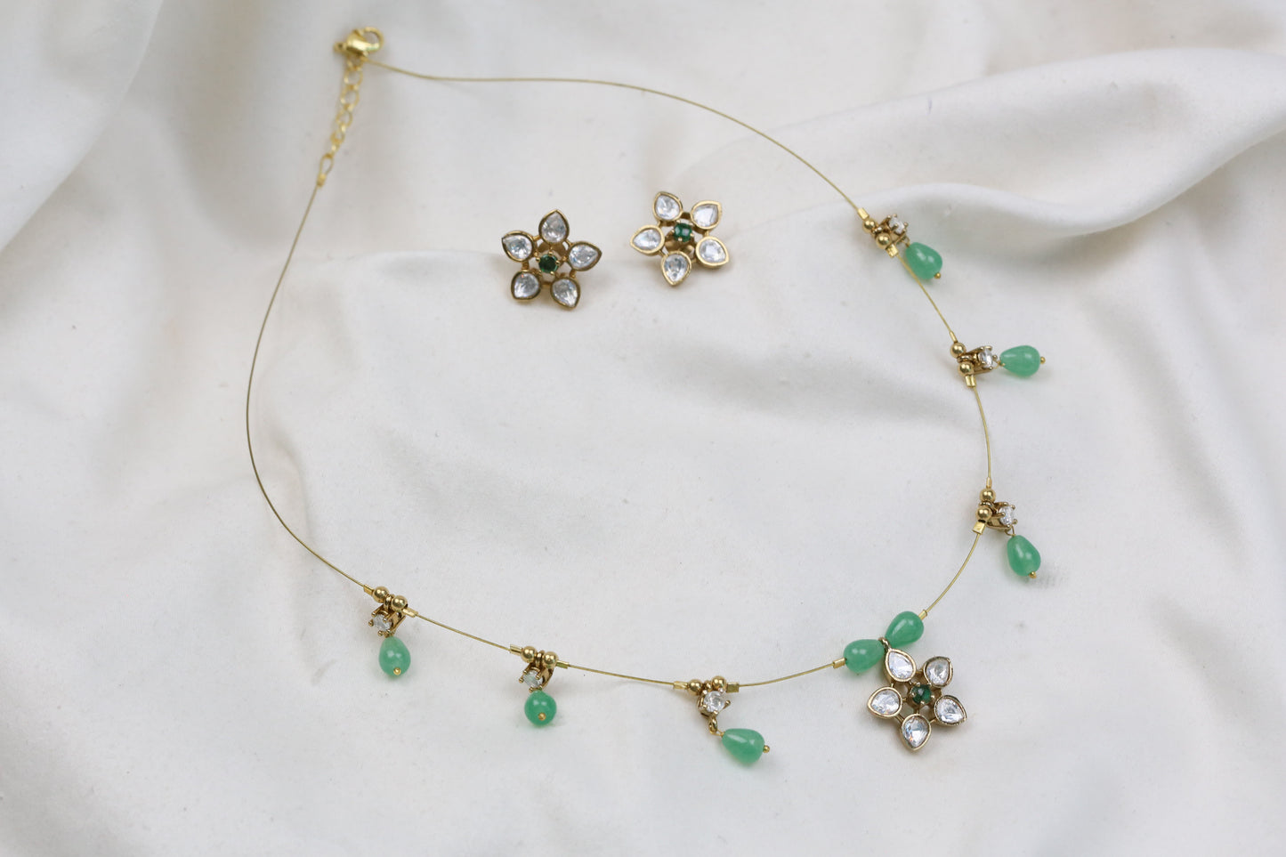 Tara Invisible Jadau Necklace Set - Green