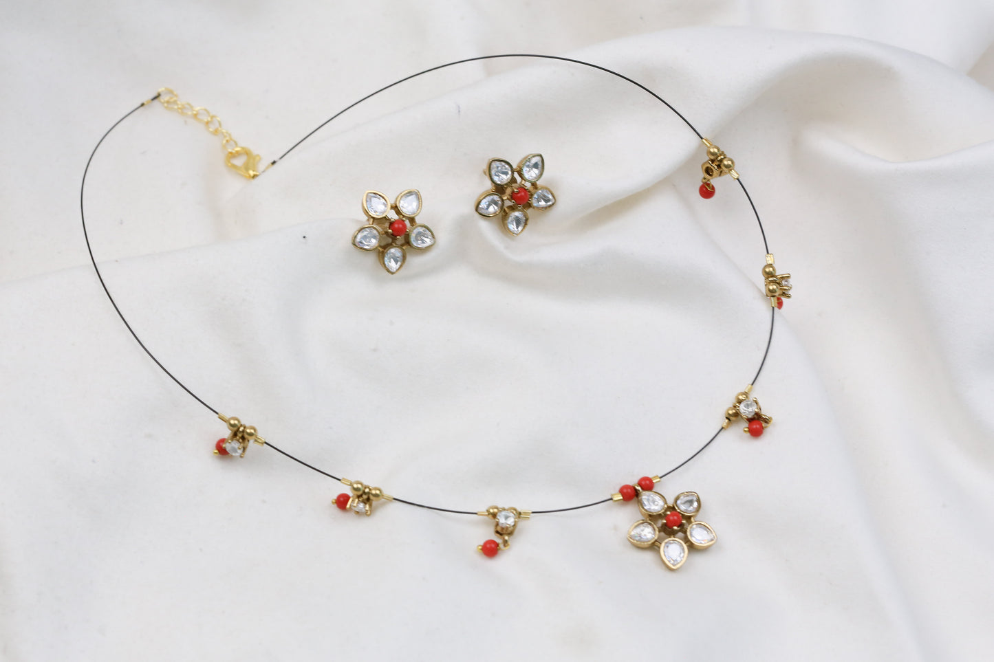 Tara Invisible Jadau Necklace Set - Coral