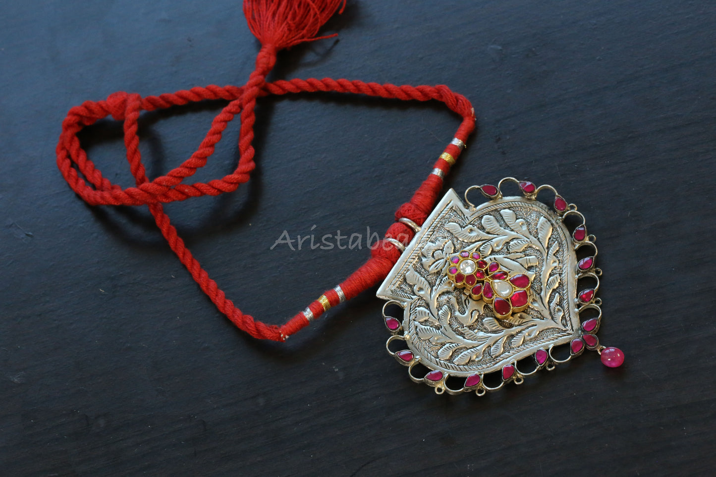 Shakti Next To Real Silver Carved Oxidized Necklace (T103-07)
