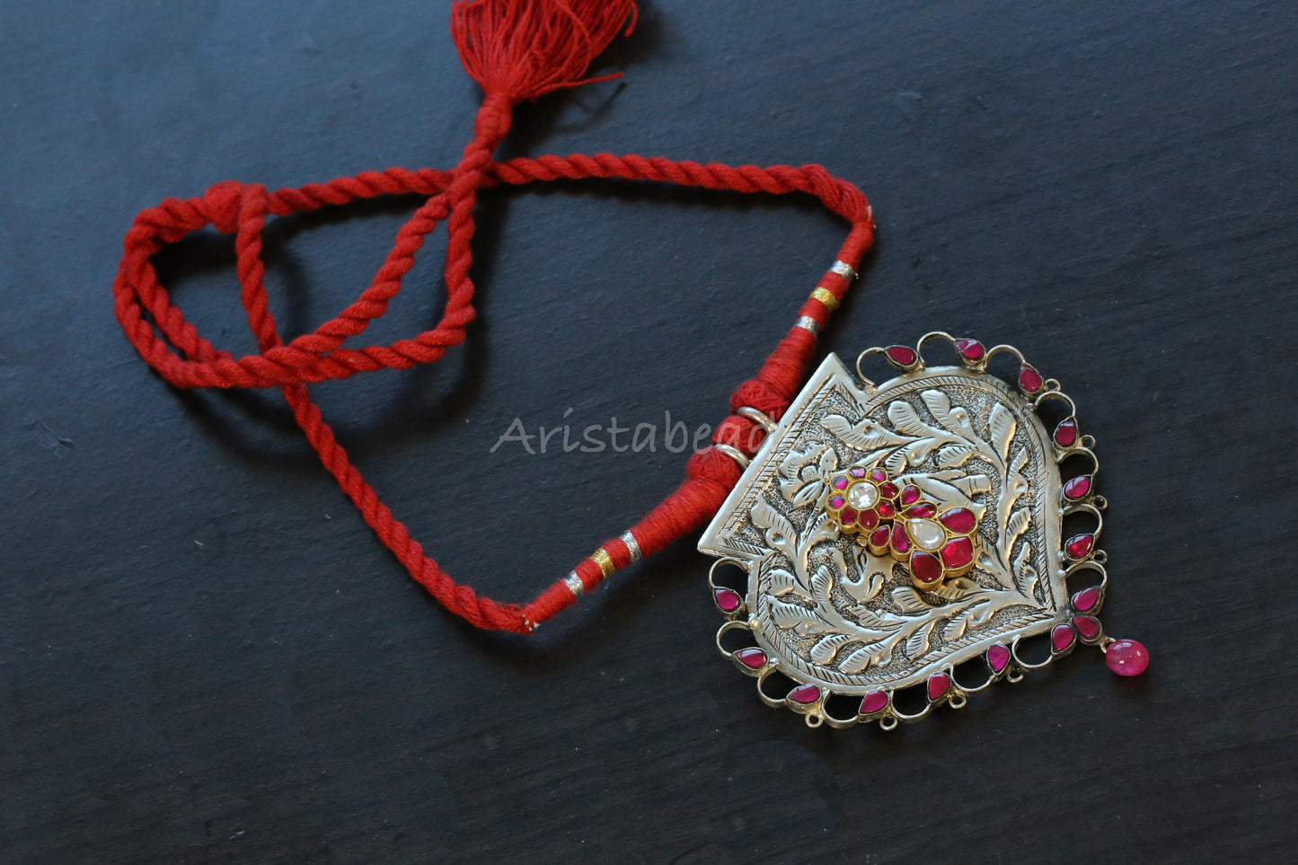Shakti Next To Real Silver Carved Oxidized Necklace (T103-07)
