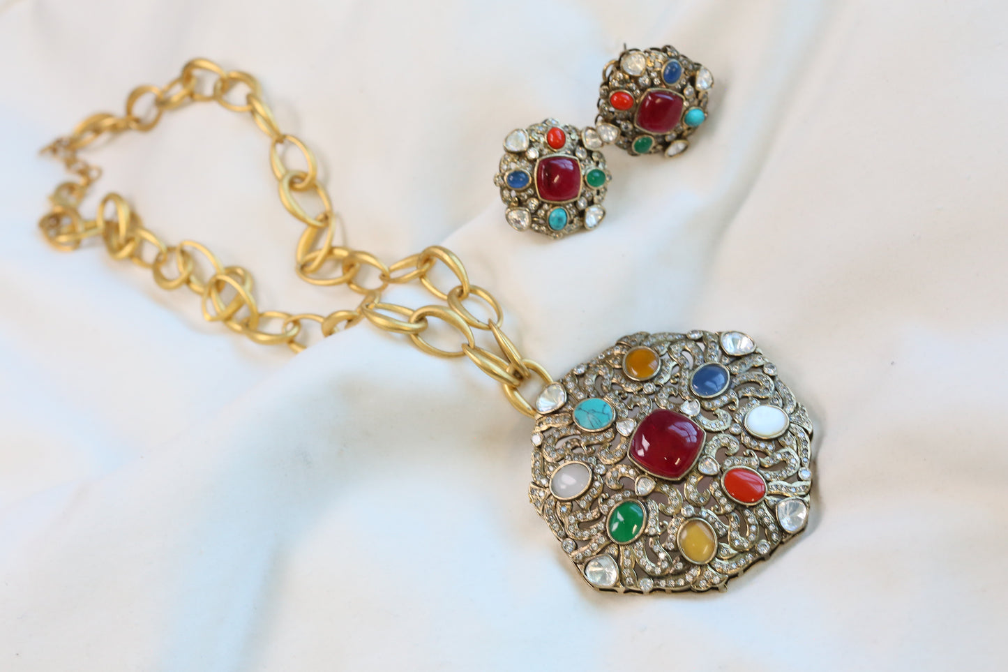 Contemporary Navratan Victorian Pendant Necklace Set