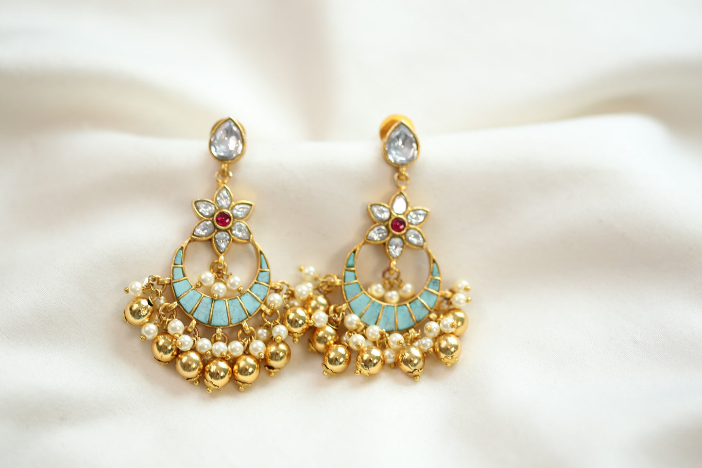 Saranya Jadau Takkar Kundan Chandbaali -Turquoise