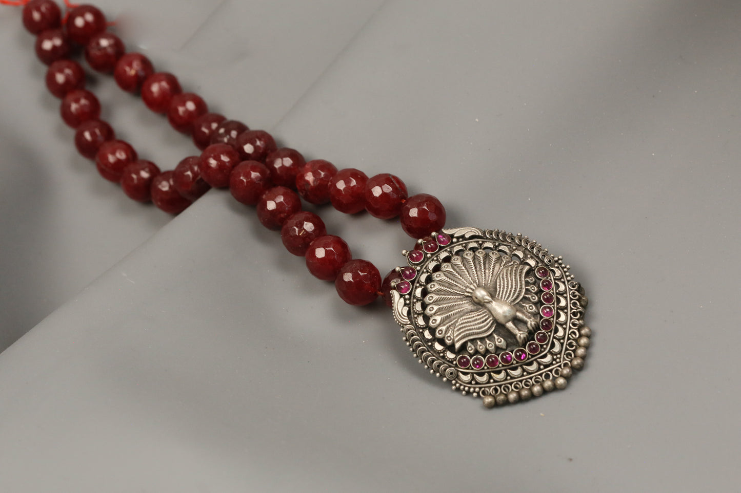 925 Silver Kundan Necklace in Ruby Jade Mala