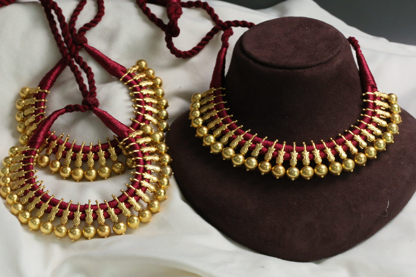 Gold Plated Next To Real Silver Thread Necklace - Red