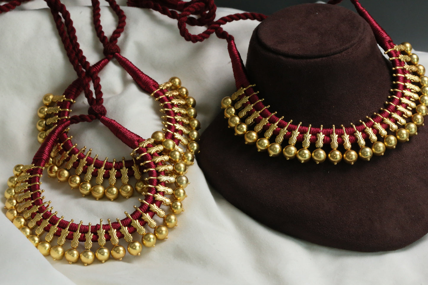 Gold Plated Next To Real Silver Thread Necklace - Red