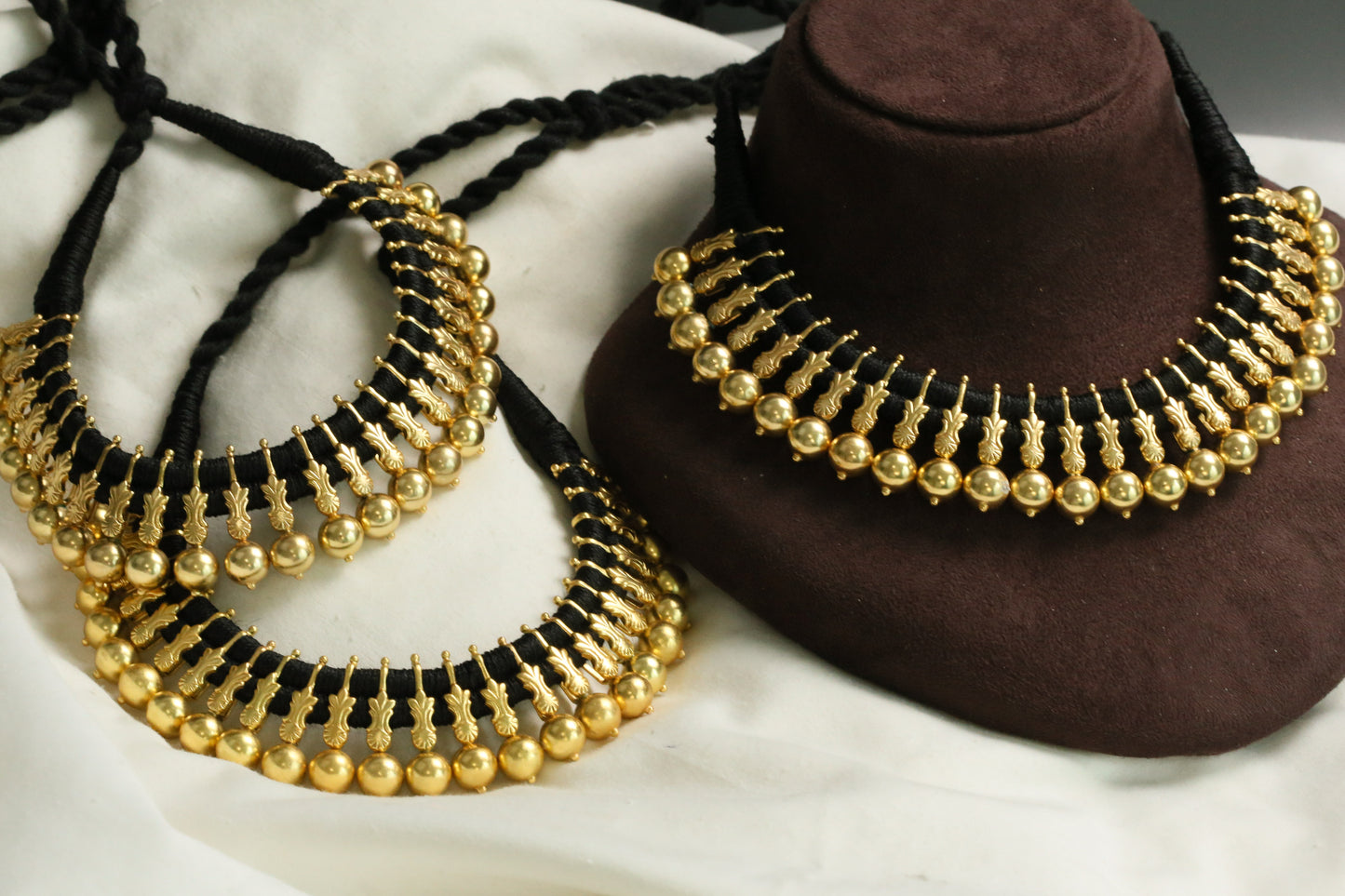 Gold Plated Next To Real Silver Thread Necklace - Black