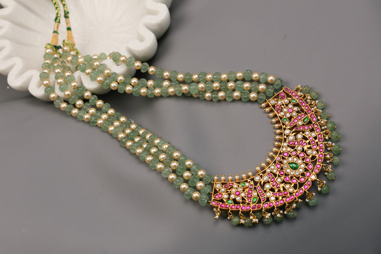 Handmade Jadau Haram Necklace- Strawberry Melon Beads