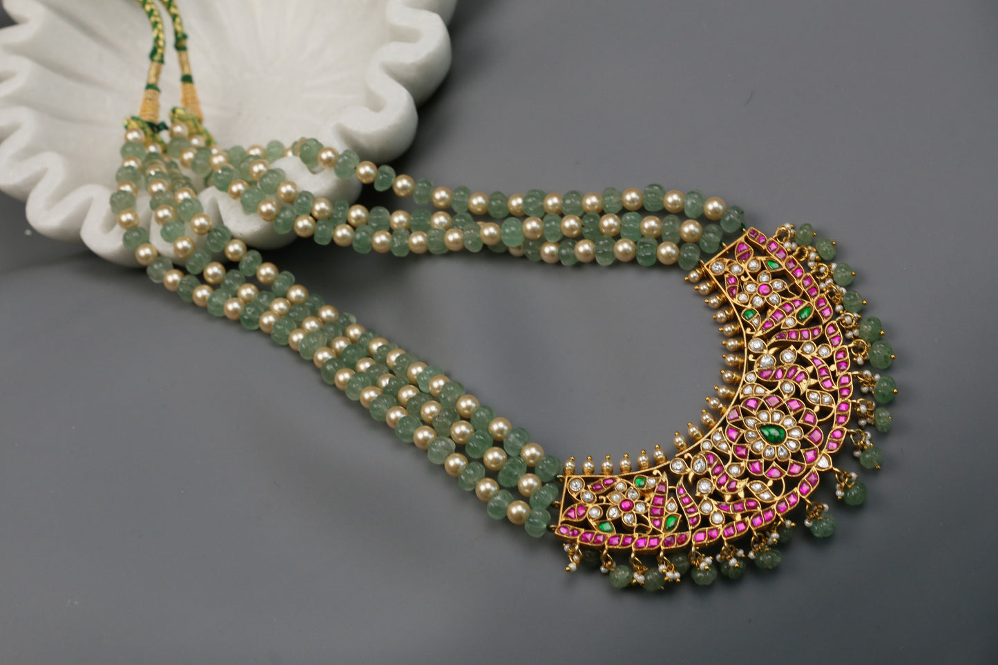 Handmade Jadau Haram Necklace- Strawberry Melon Beads