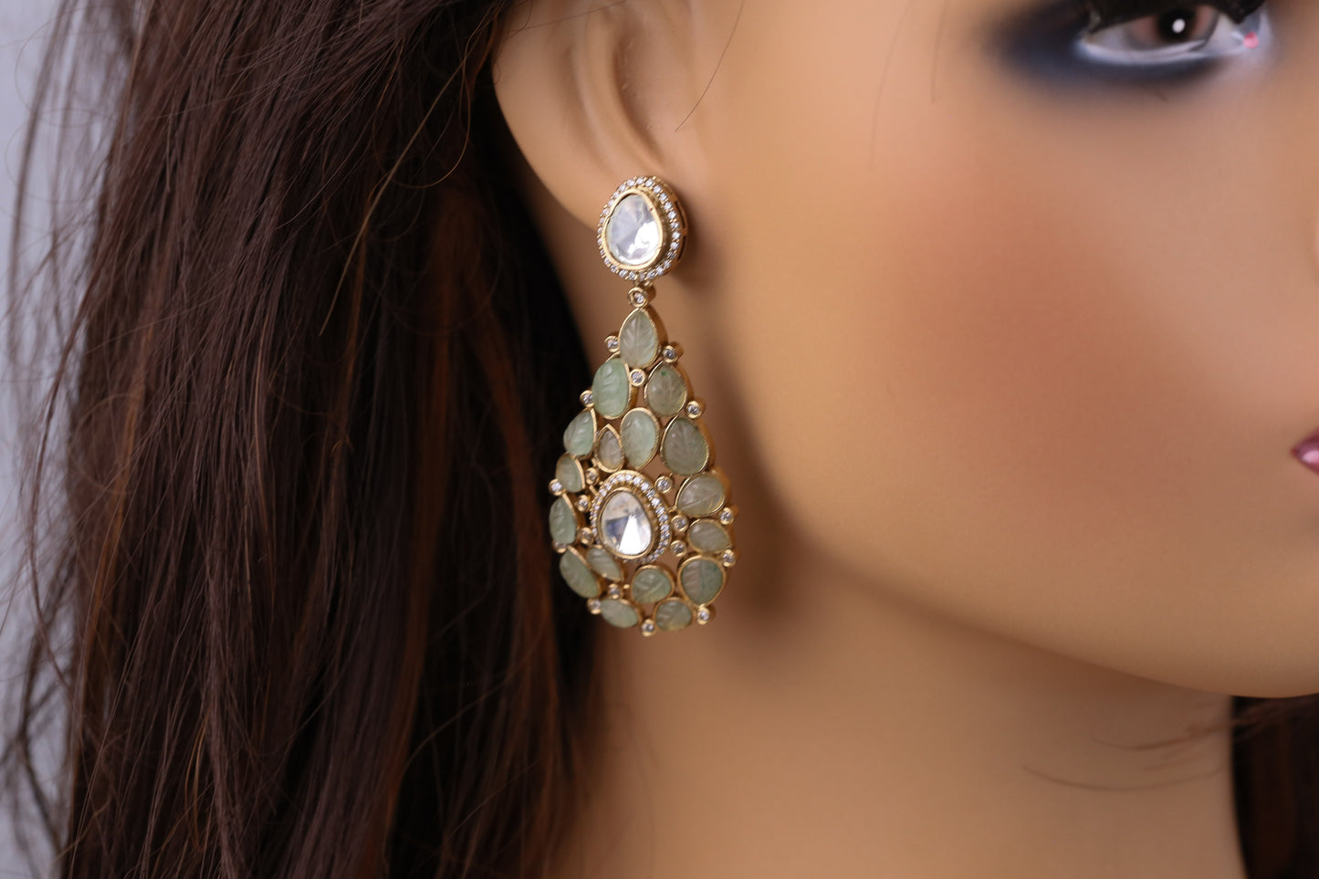 Semiprecious Carved Stone Polki Earrings - Fluorite