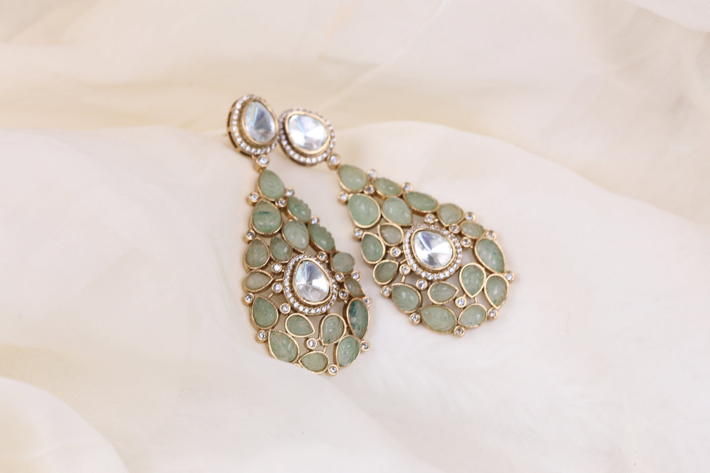 Semiprecious Carved Stone Polki Earrings - Fluorite