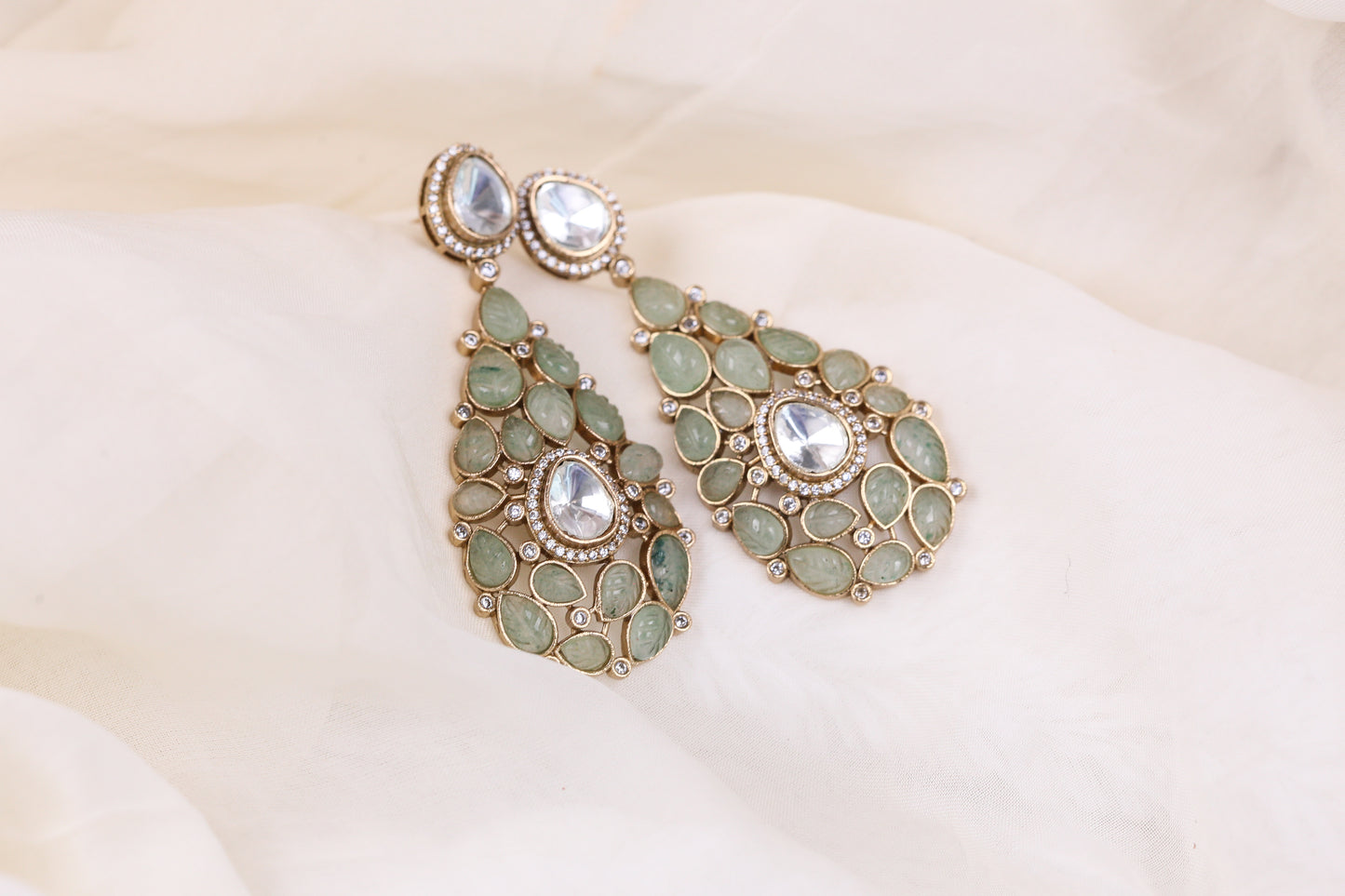 Semiprecious Carved Stone Polki Earrings - Fluorite