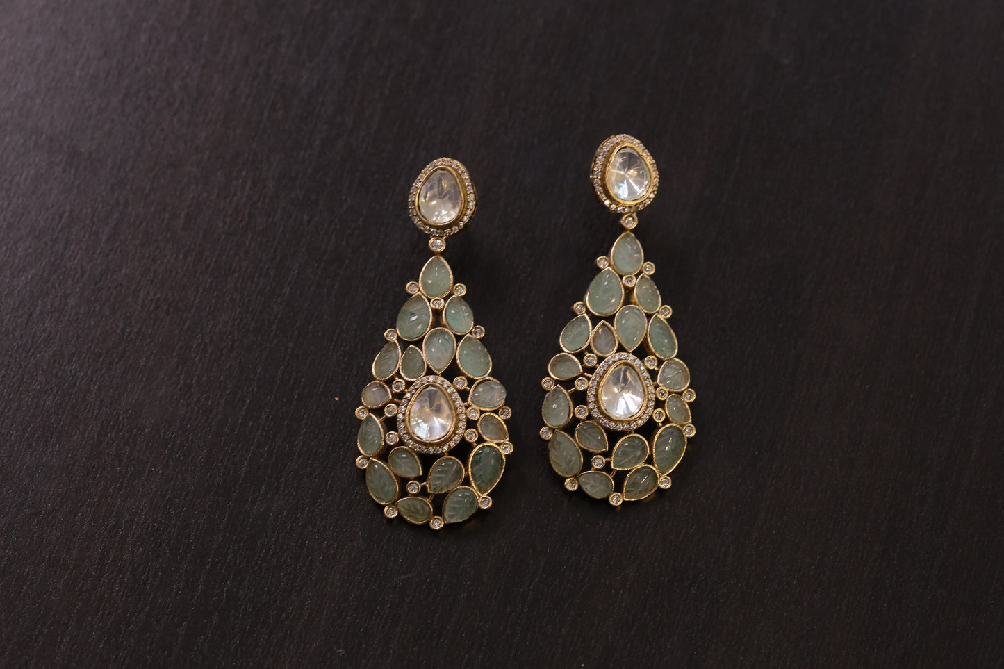 Semiprecious Carved Stone Polki Earrings - Fluorite