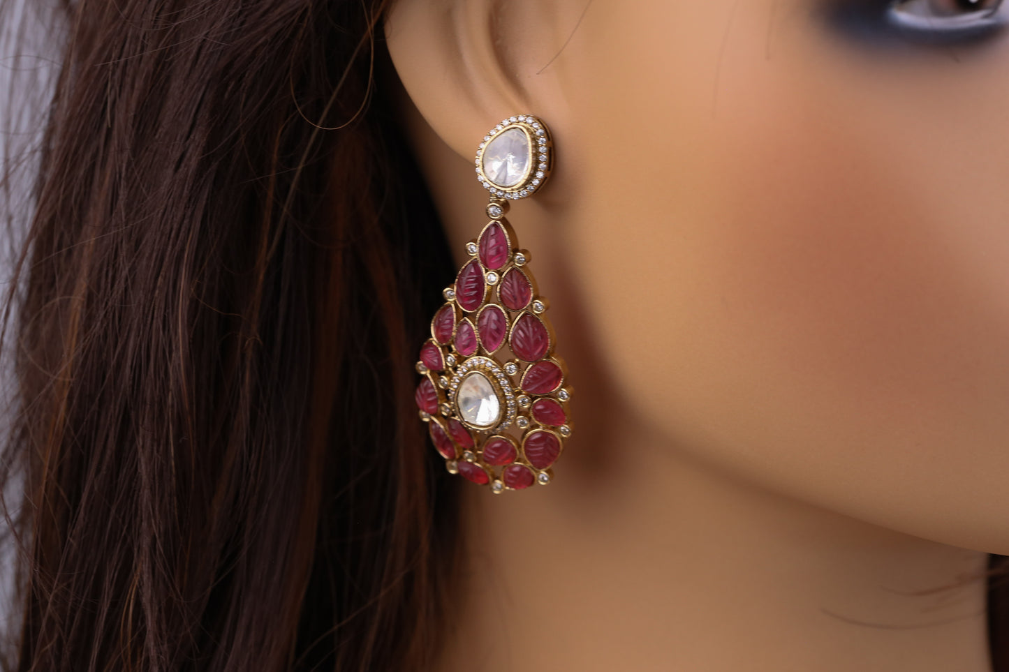 Semiprecious Carved Stone Polki Earrings - Rhodolite