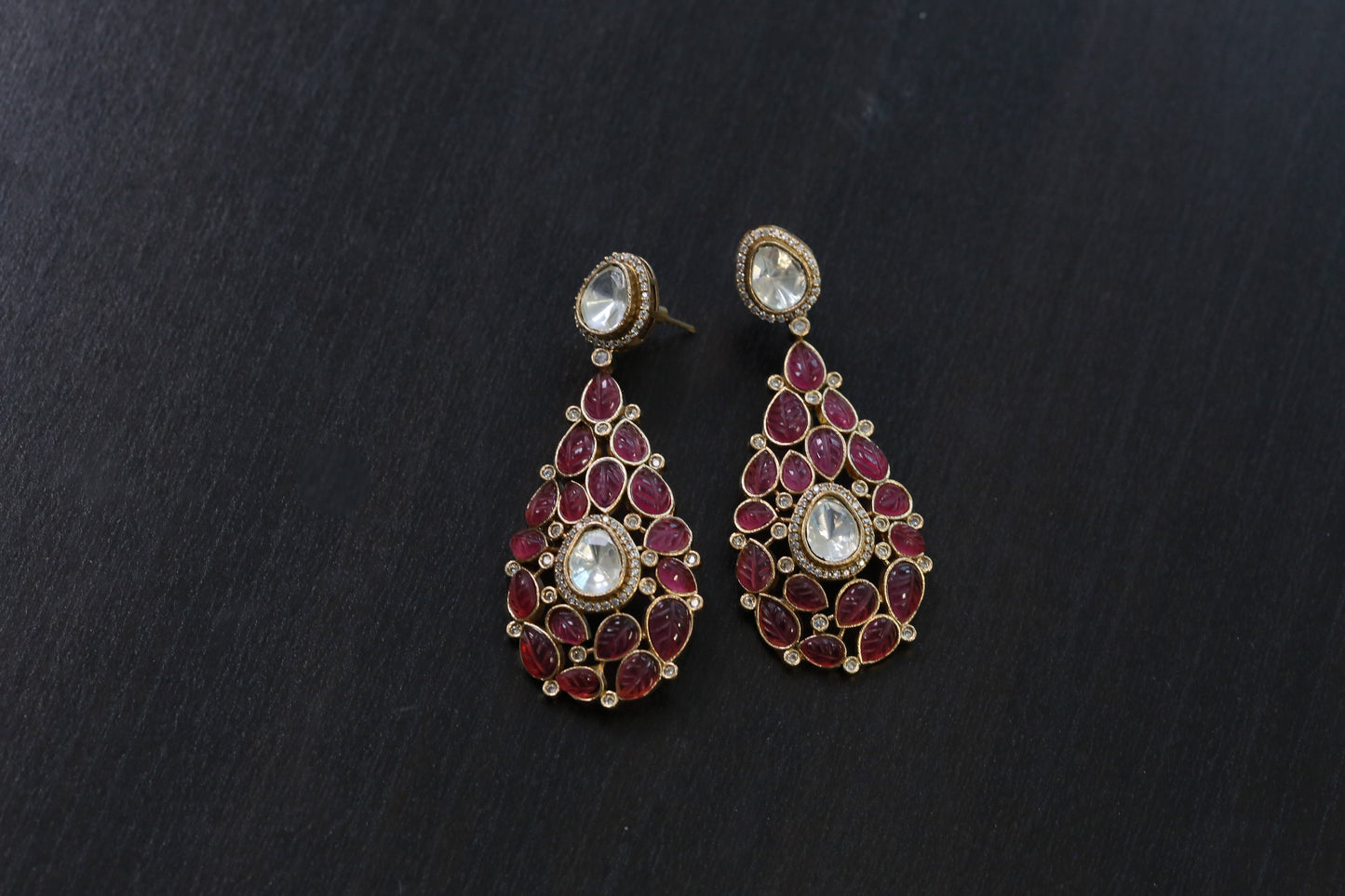 Semiprecious Carved Stone Polki Earrings - Rhodolite