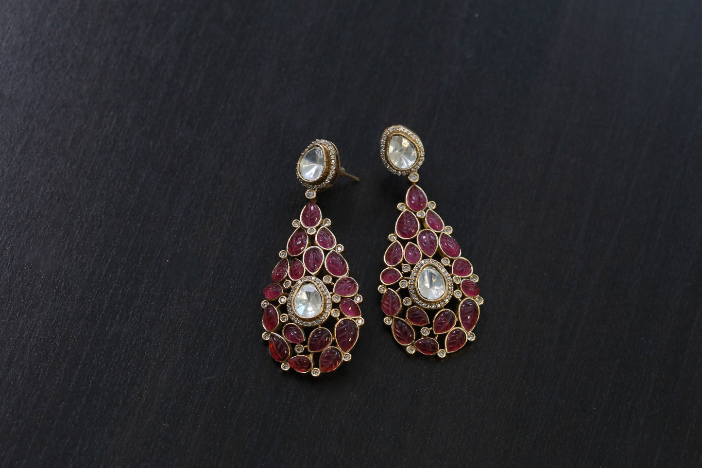 Semiprecious Carved Stone Polki Earrings - Rhodolite