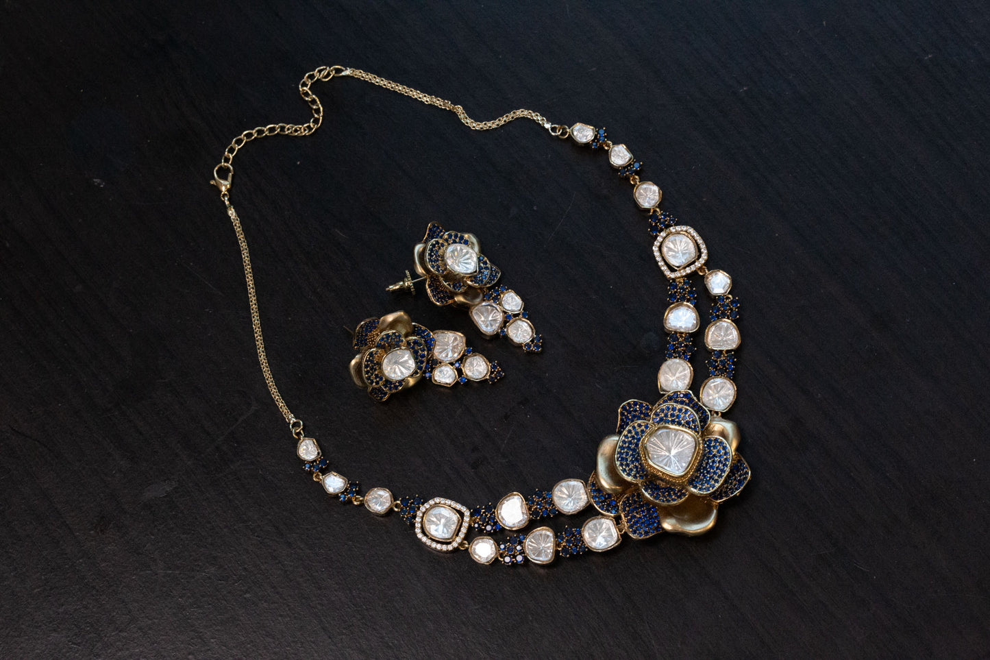 Contemporary 3D Look CZ & Polki Set Necklace Set - Blue