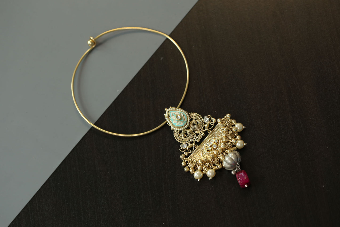 Dual Tone Fusion Kundan Hasli Necklace - Style 2