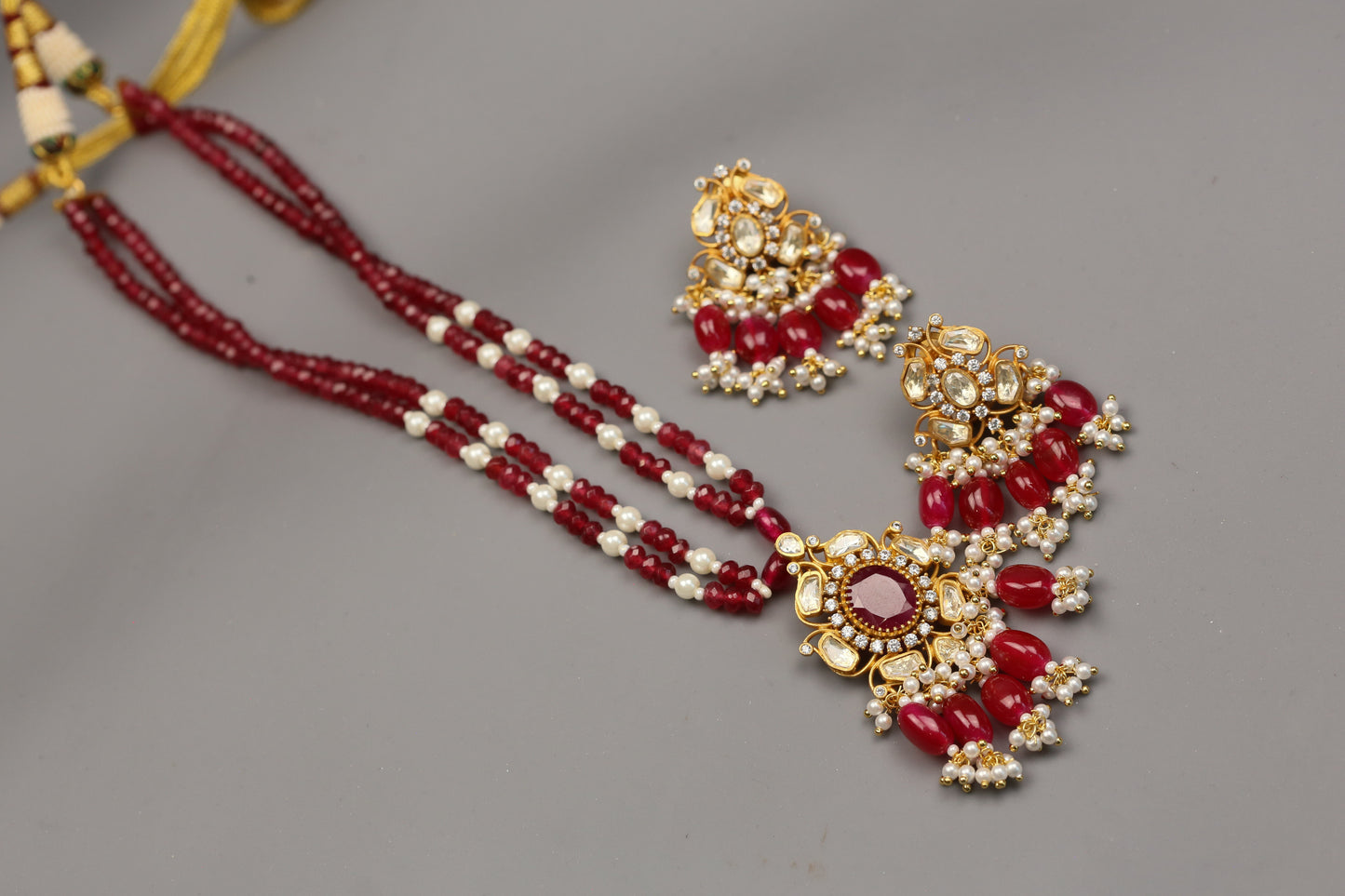 Dhara Dainty Real Moissanite Pendant Set - Red