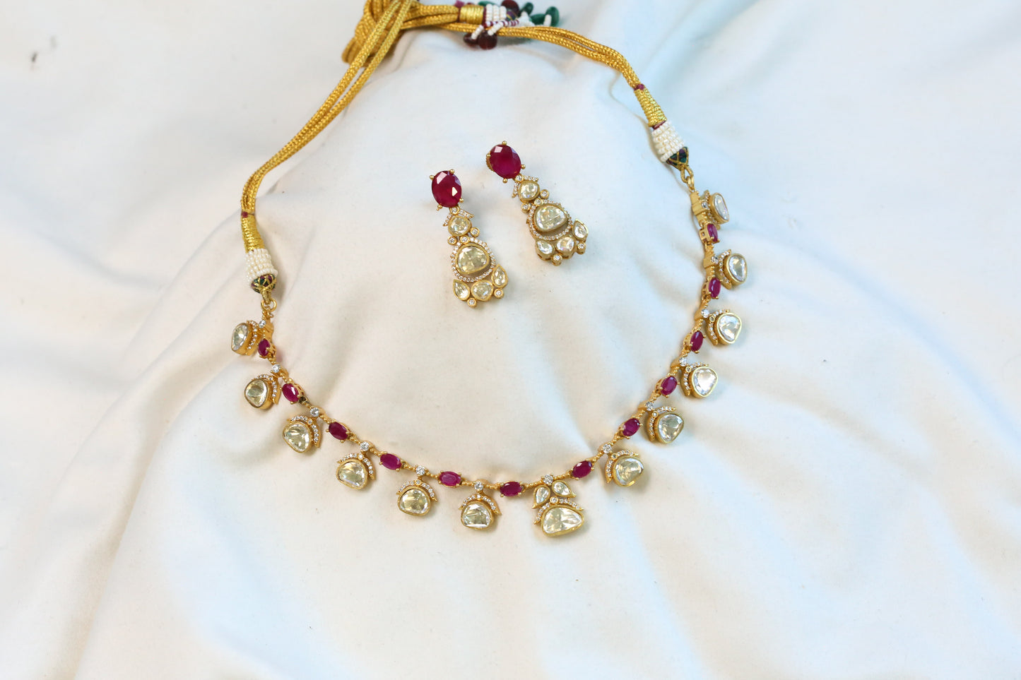 Meera Dainty Real Moissanite Necklace Set - Red