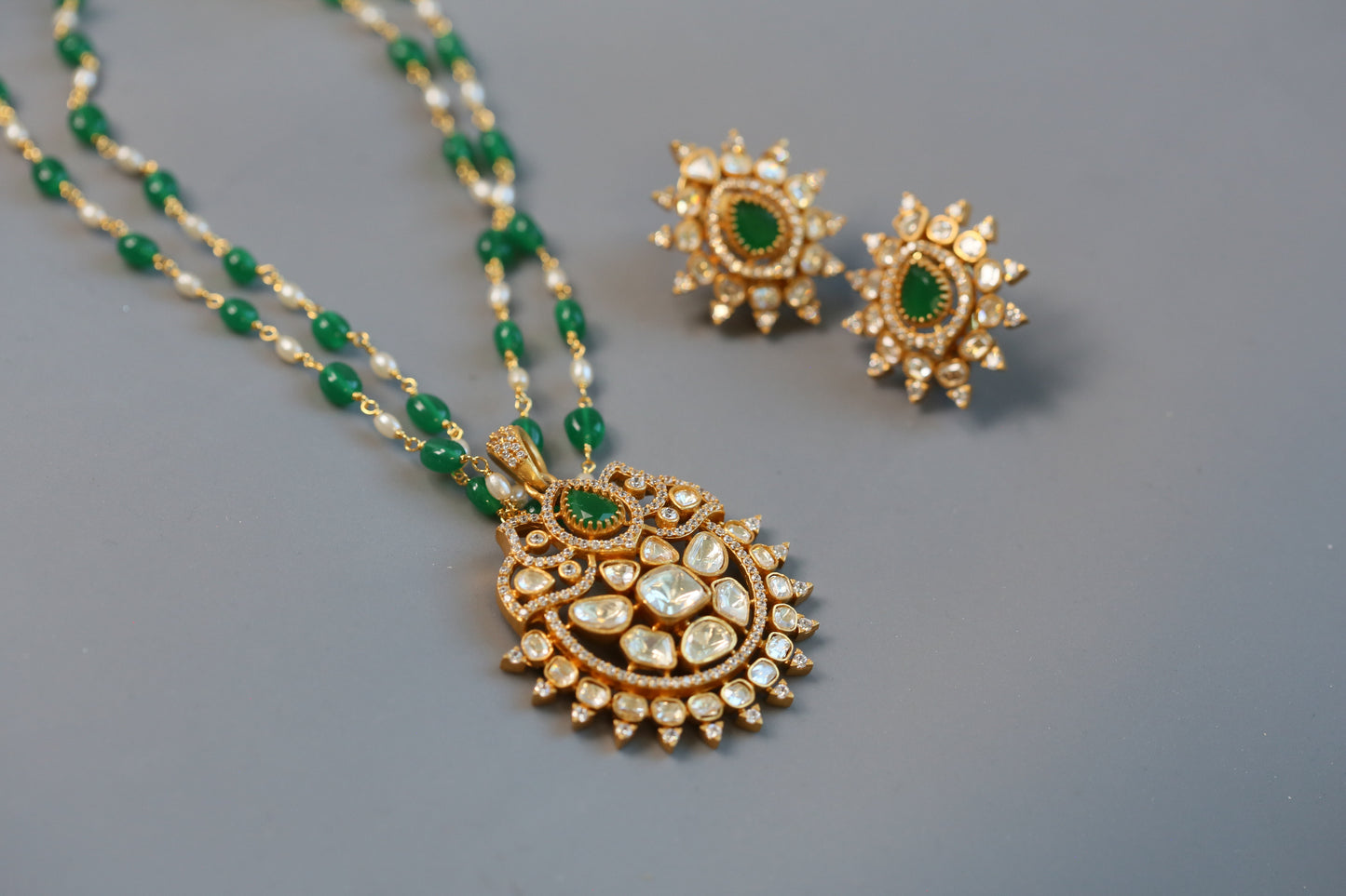 Aanvi Real Moissanite Pendant Set - Green Mala