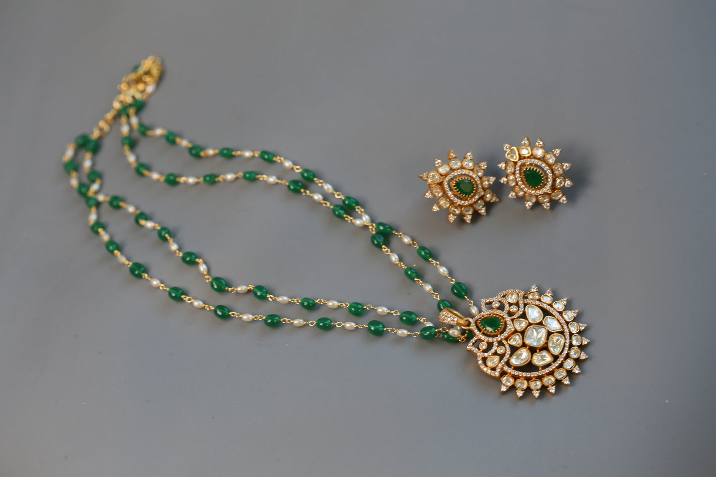 Aanvi Real Moissanite Pendant Set - Green Mala