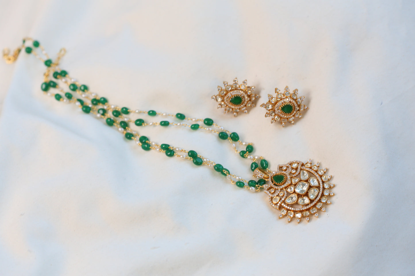 Aanvi Real Moissanite Pendant Set - Green Mala