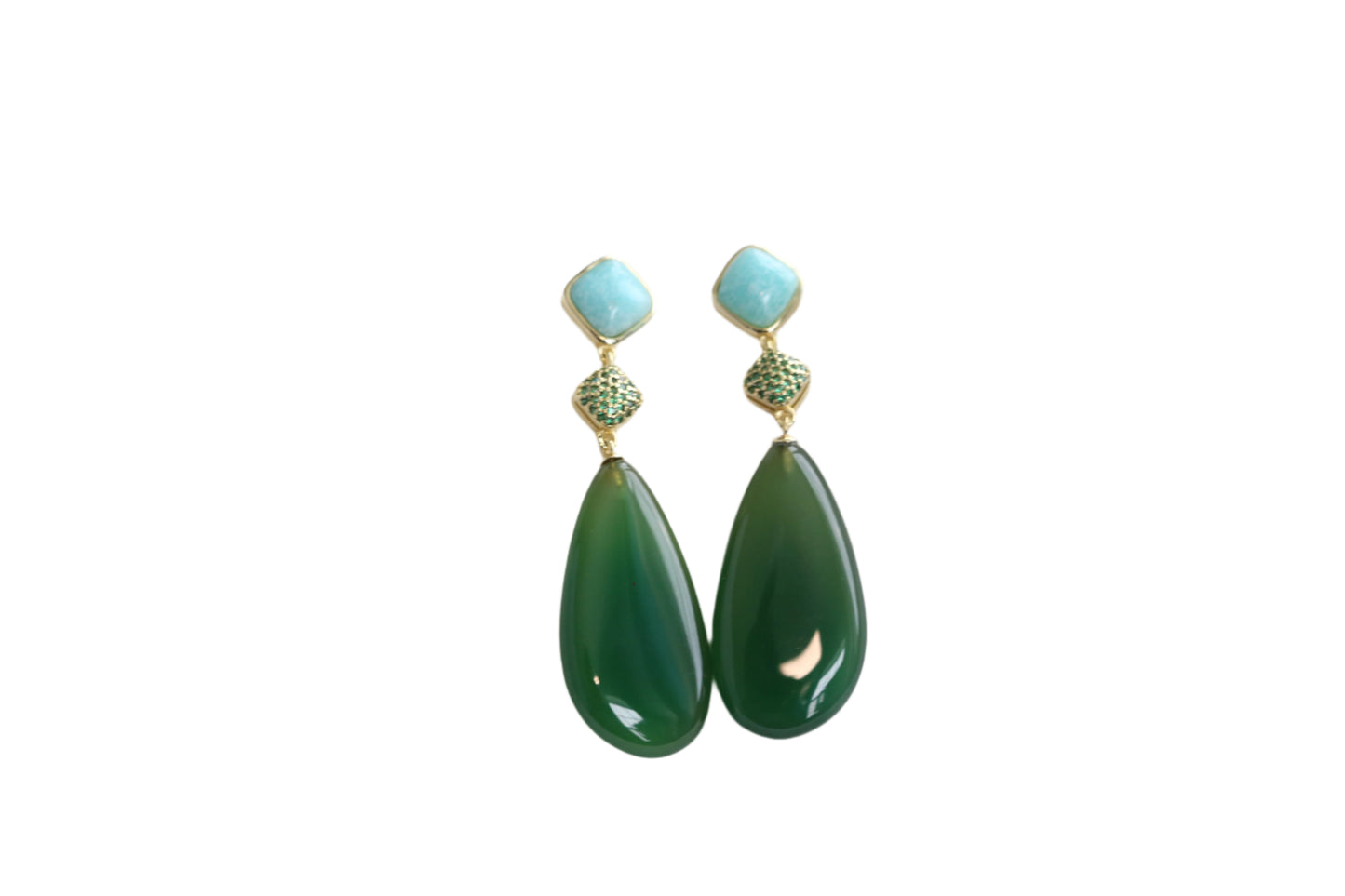 Meera Semiprecious CZ, Larimar & Green Onyx Earrings