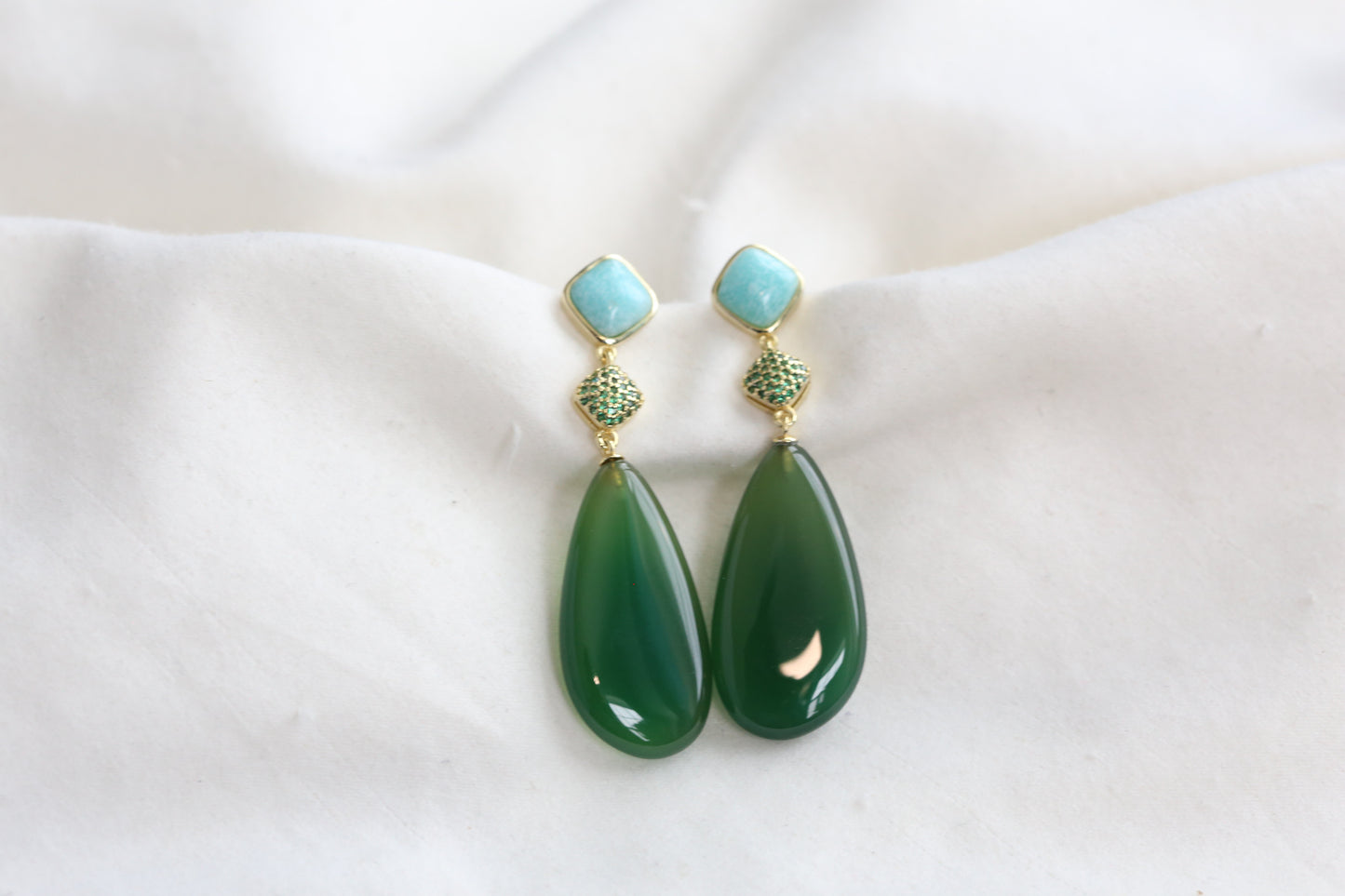 Meera Semiprecious CZ, Larimar & Green Onyx Earrings