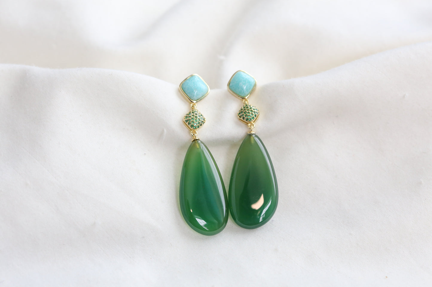 Meera Semiprecious CZ, Larimar & Green Onyx Earrings
