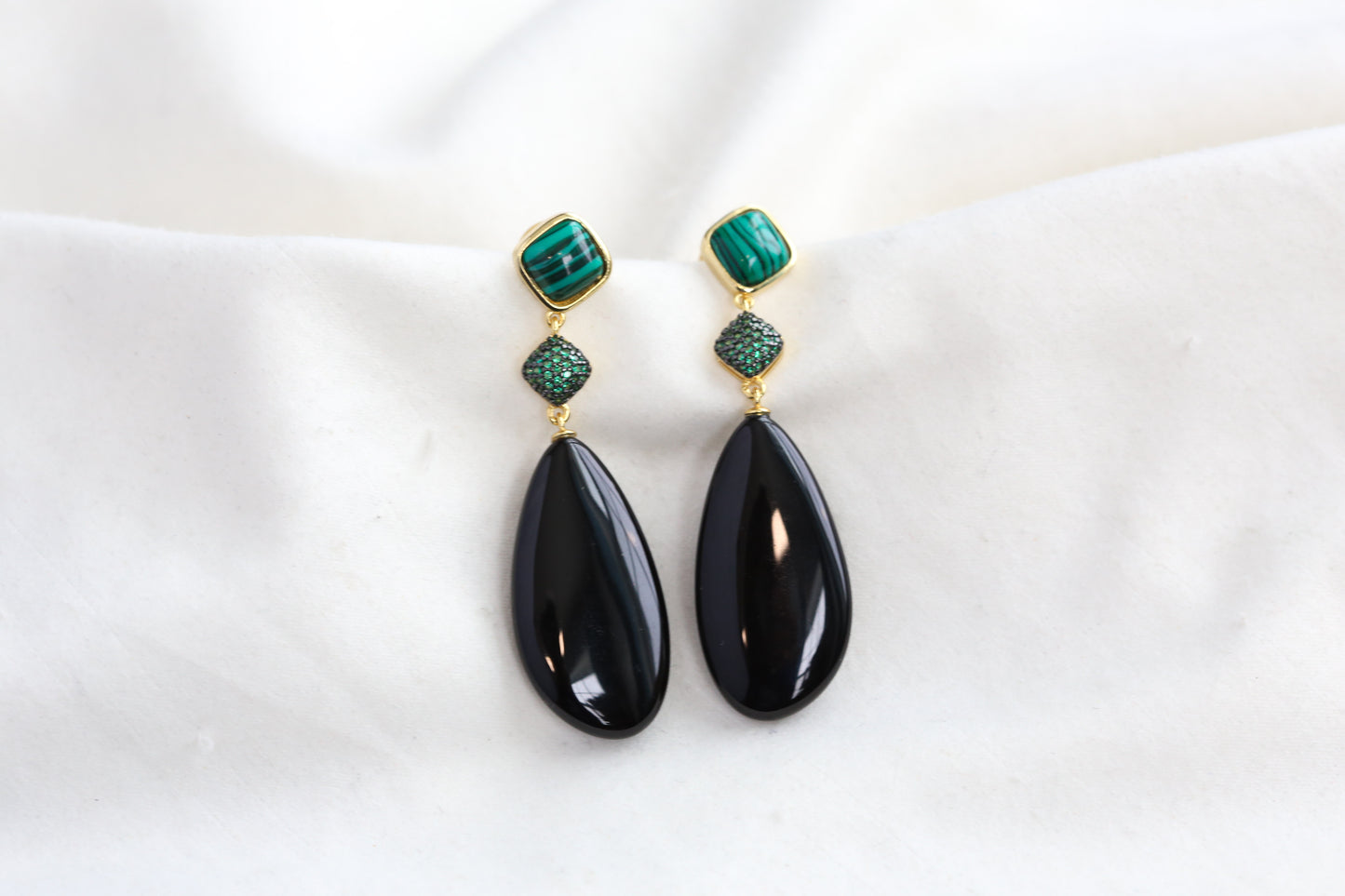 Meera Semiprecious CZ, Malachite & Black Onyx Earrings
