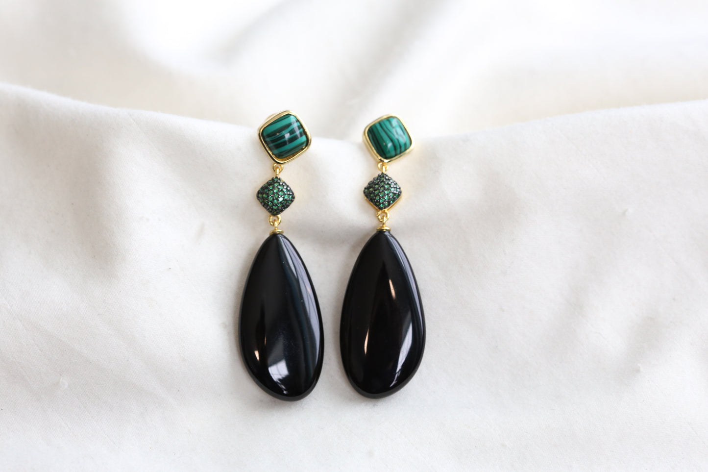 Meera Semiprecious CZ, Malachite & Black Onyx Earrings