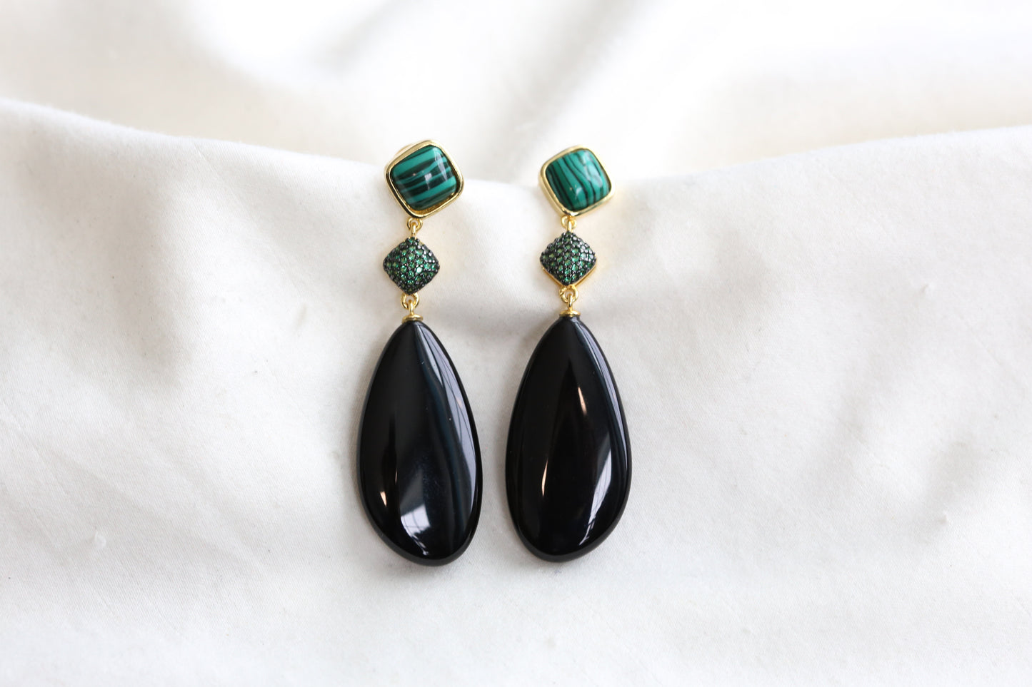 Meera Semiprecious CZ, Malachite & Black Onyx Earrings