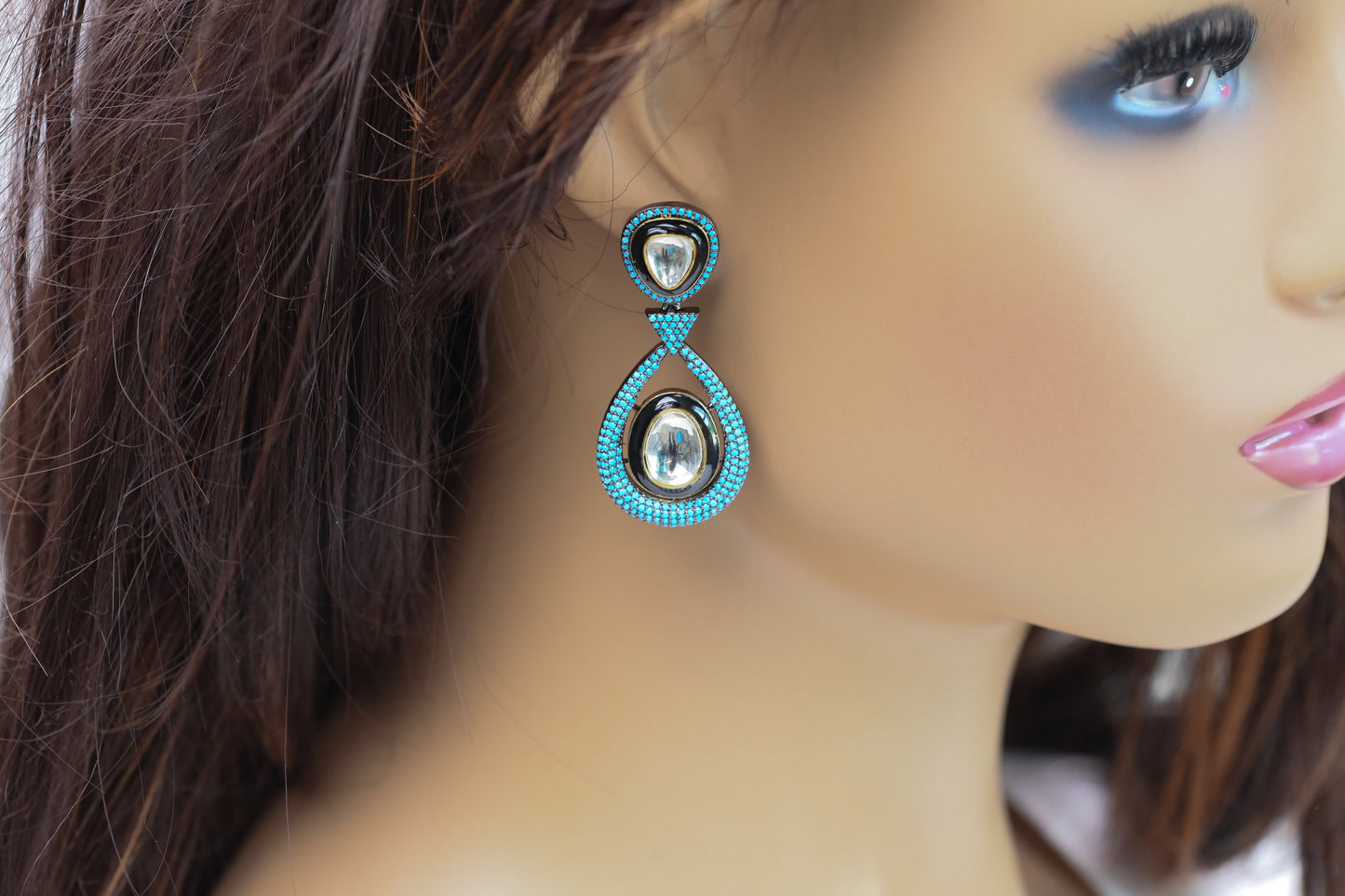 Ellie Pave Setting CZ & Kundan Polki Earrings - Turquoise
