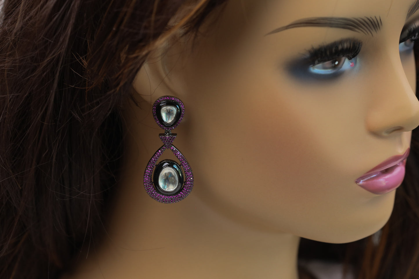 Ellie Pave Setting CZ & Kundan Polki Earrings - Ruby