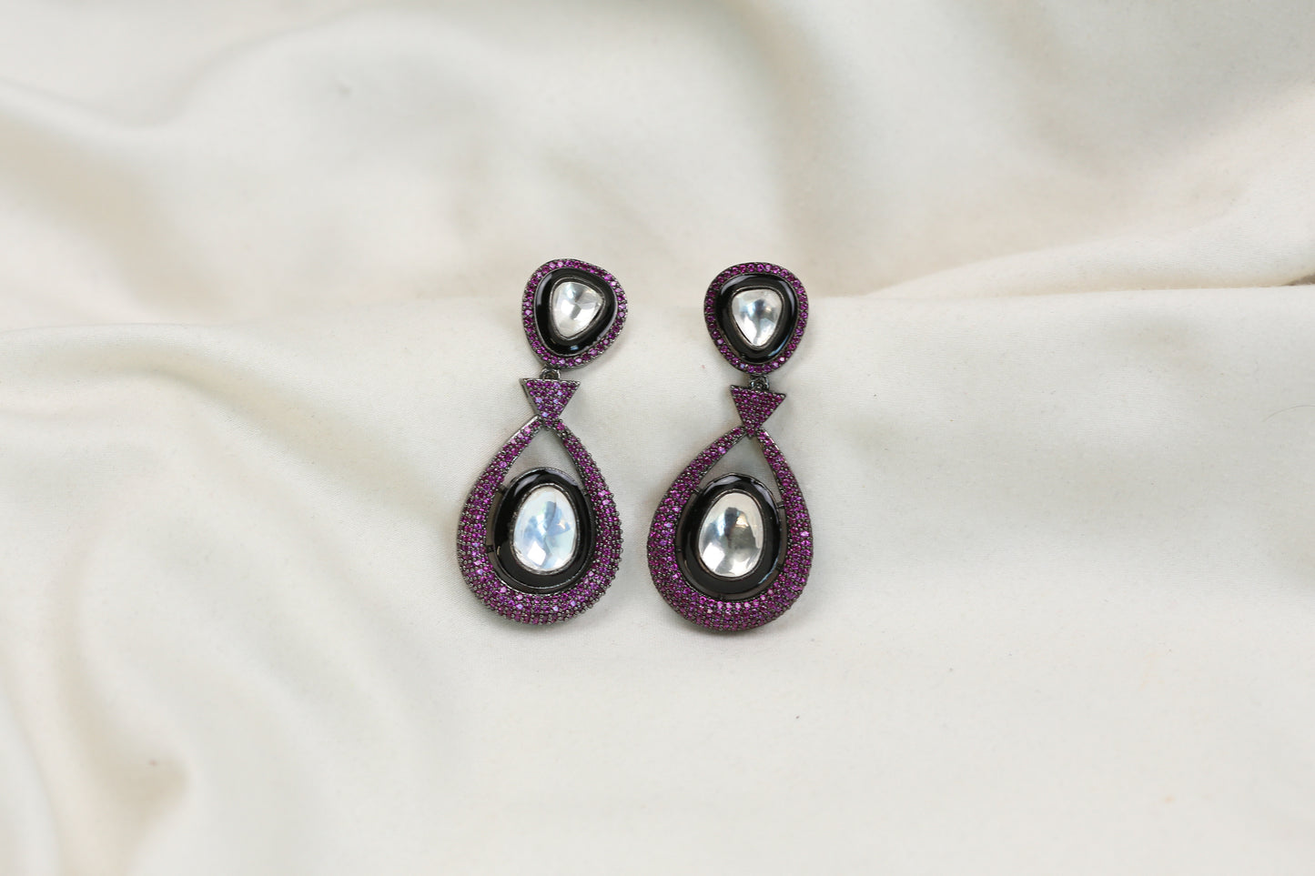 Ellie Pave Setting CZ & Kundan Polki Earrings - Ruby