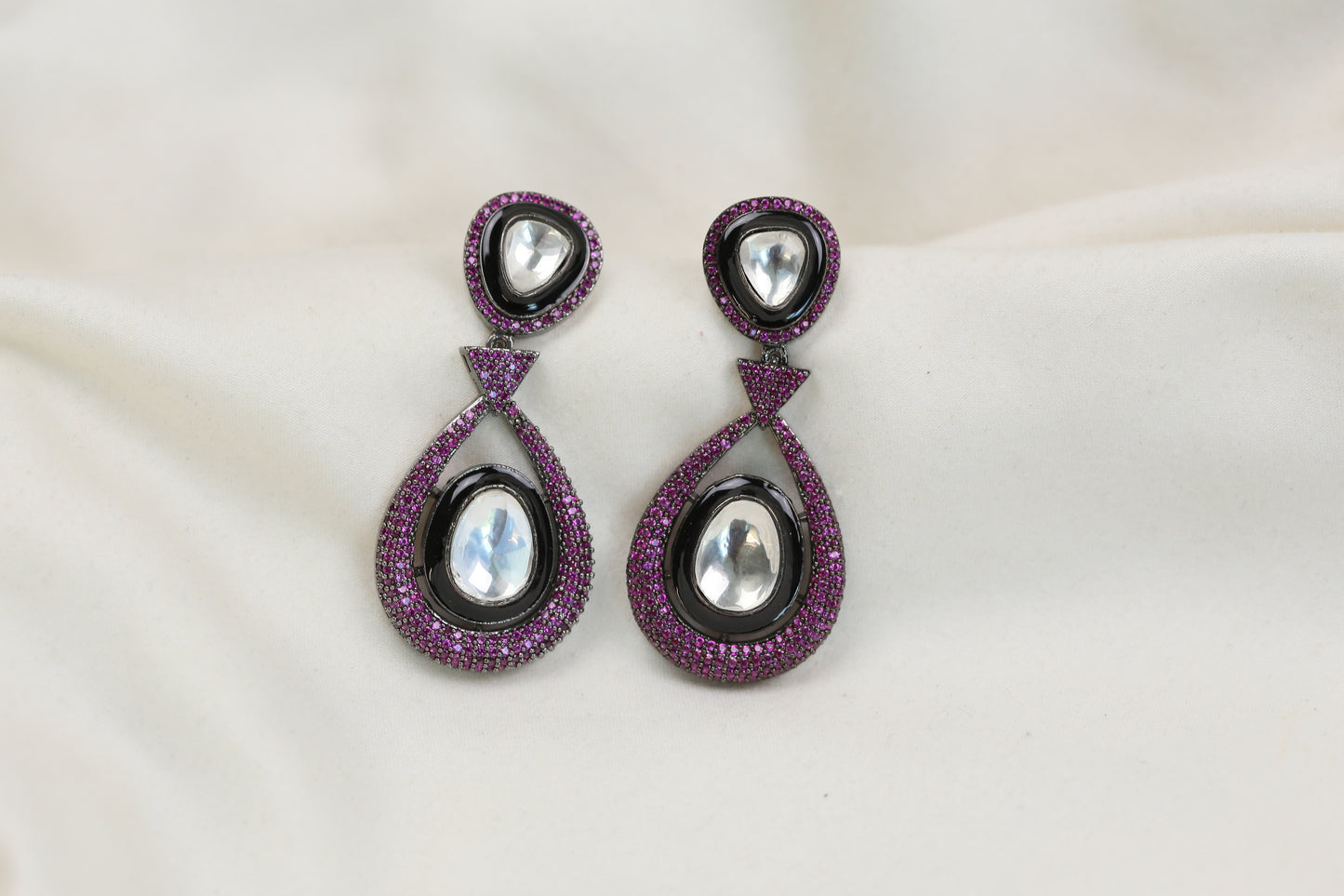 Ellie Pave Setting CZ & Kundan Polki Earrings - Ruby