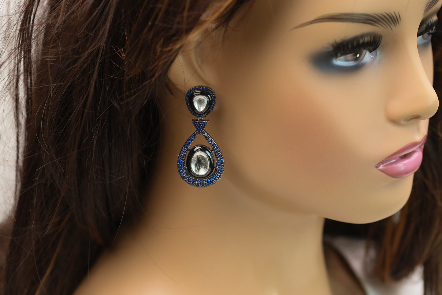 Ellie Pave Setting CZ & Kundan Polki Earrings - Blue