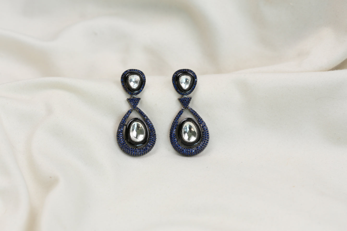 Ellie Pave Setting CZ & Kundan Polki Earrings - Blue
