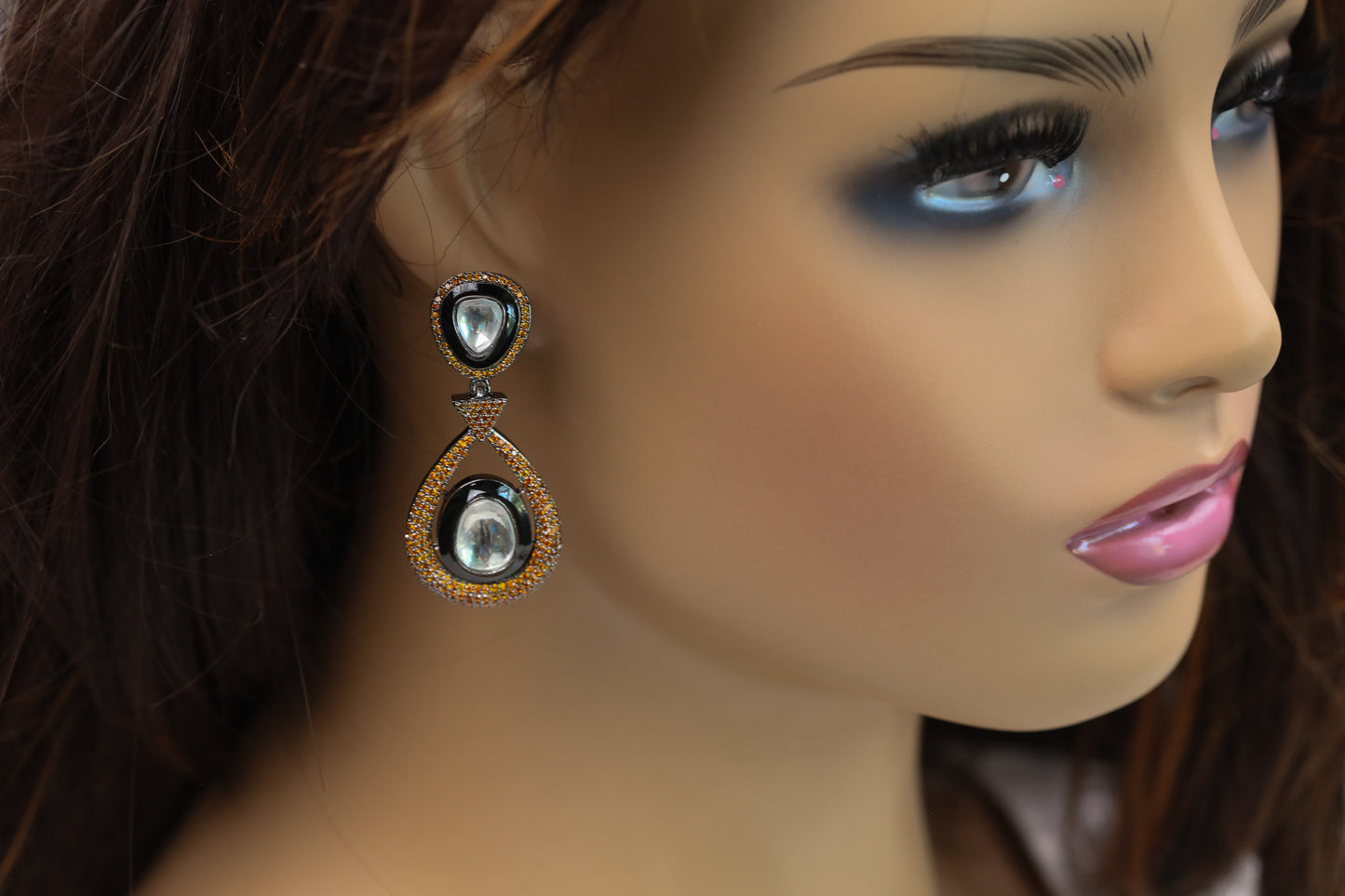 Ellie Pave Setting CZ & Kundan Polki Earrings - Orange