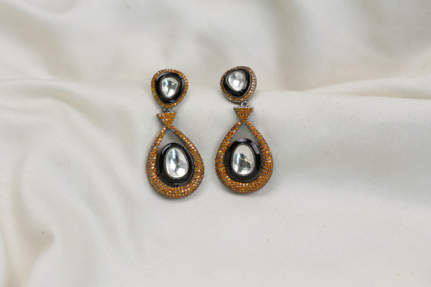 Ellie Pave Setting CZ & Kundan Polki Earrings - Orange