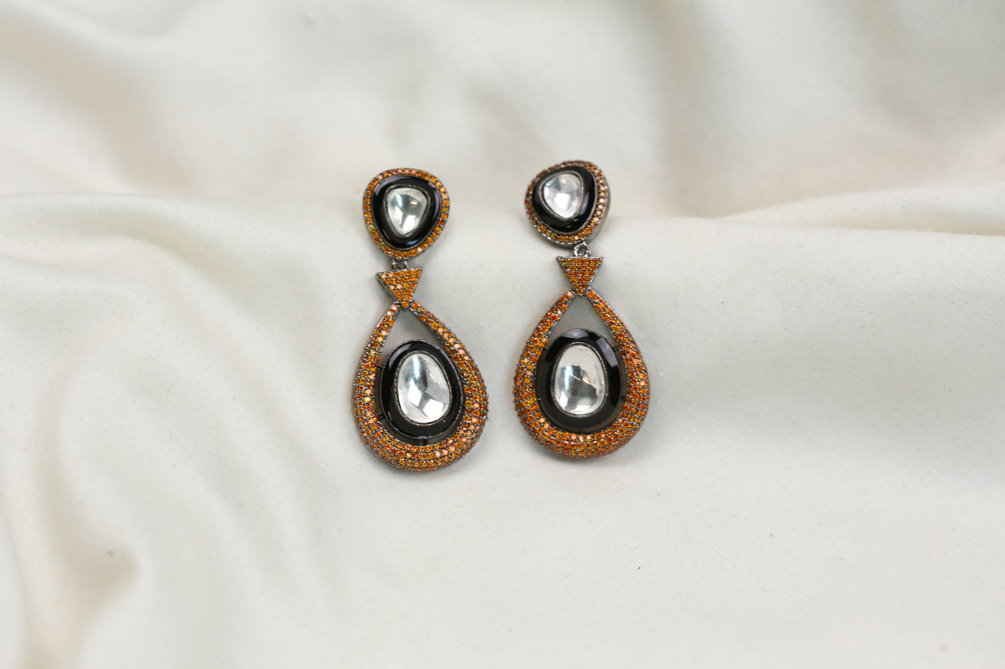 Ellie Pave Setting CZ & Kundan Polki Earrings - Orange