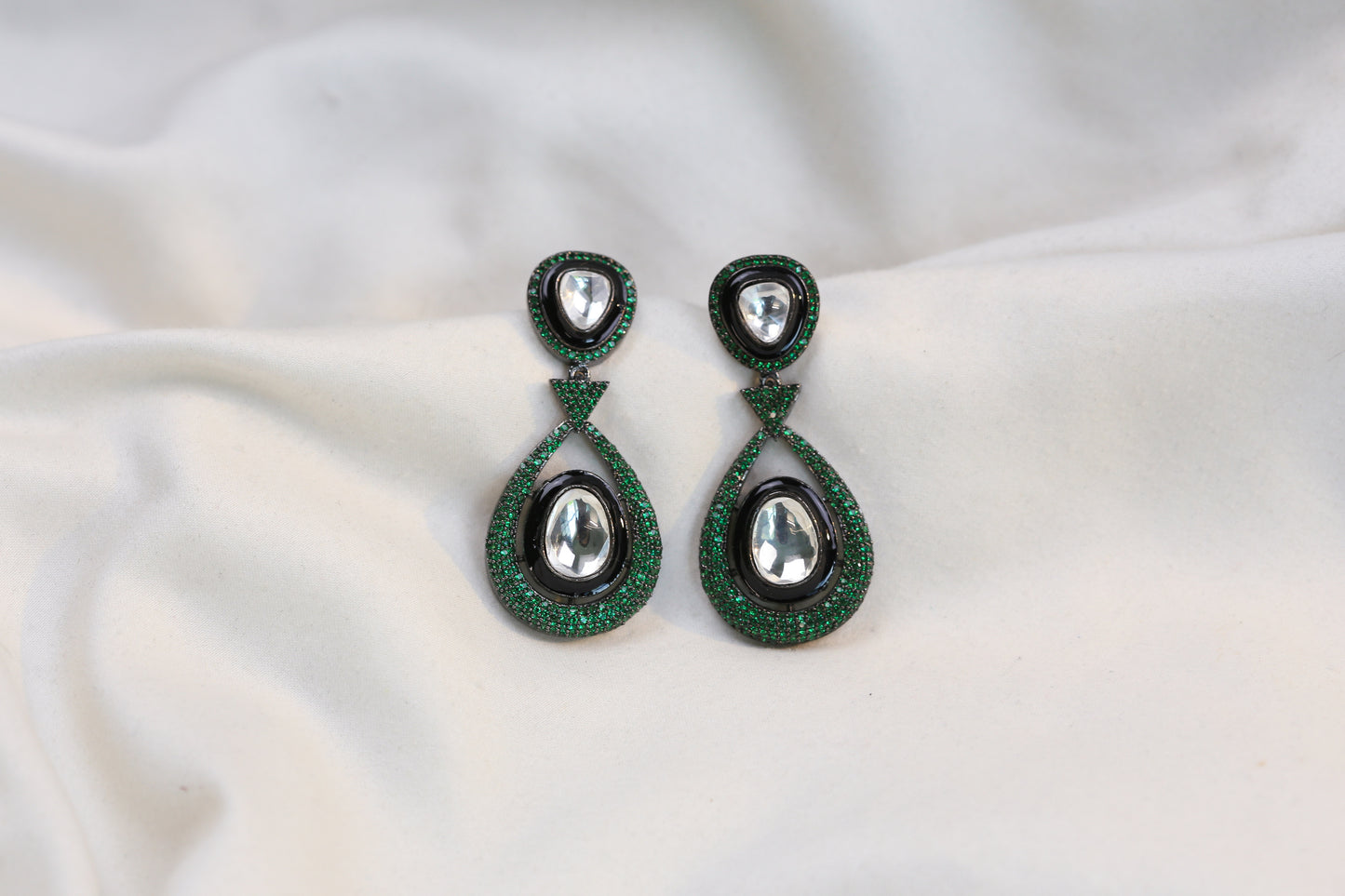 Ellie Pave Setting CZ & Kundan Polki Earrings - Green