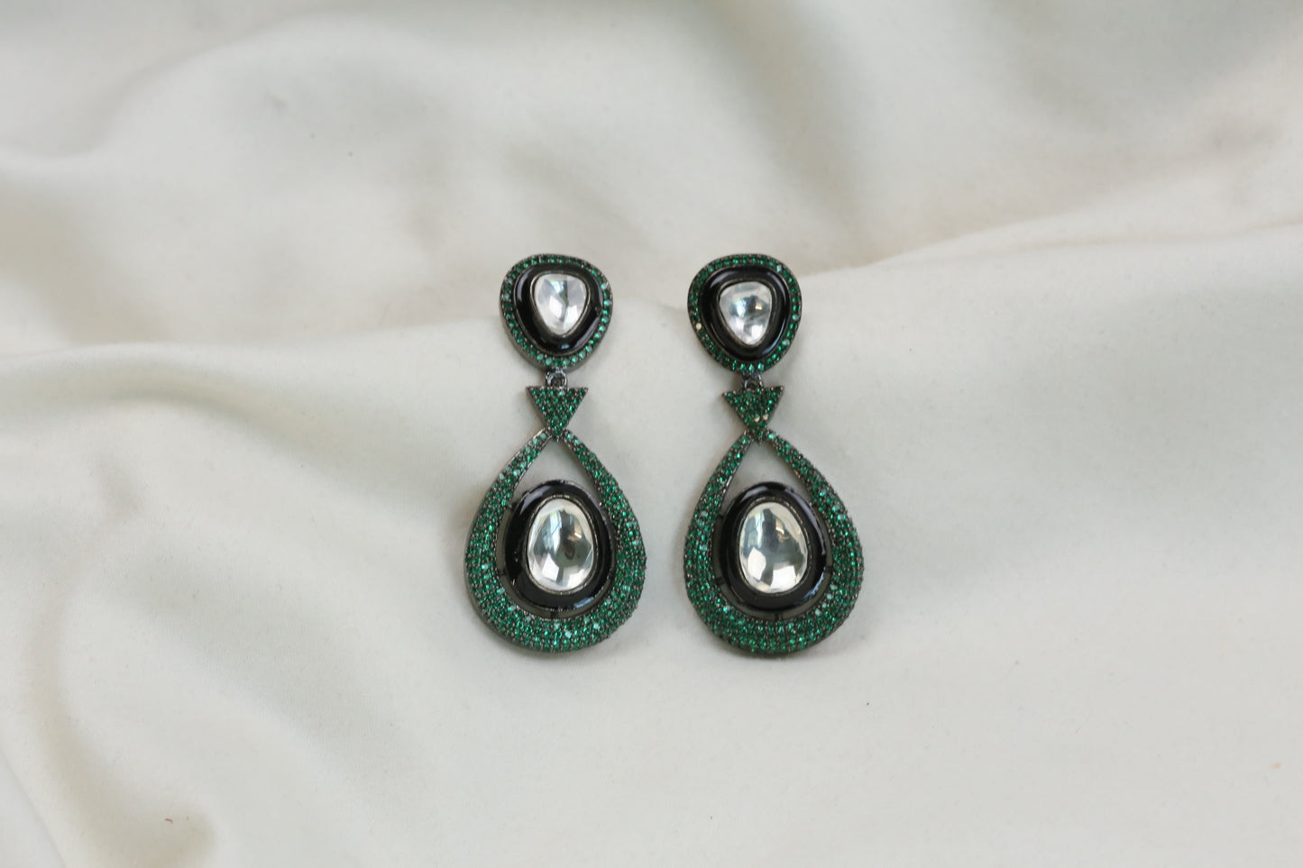 Ellie Pave Setting CZ & Kundan Polki Earrings - Green