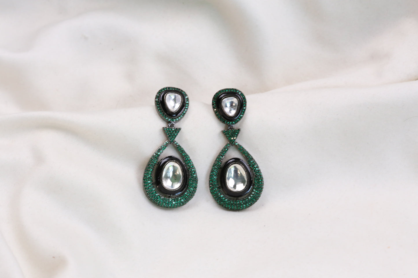 Ellie Pave Setting CZ & Kundan Polki Earrings - Green