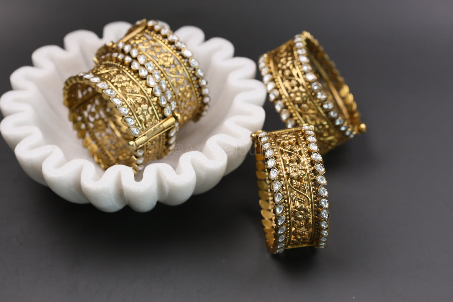 Vintage Gold Sona Silver Alloy Kundan Bangle Set (Openable)