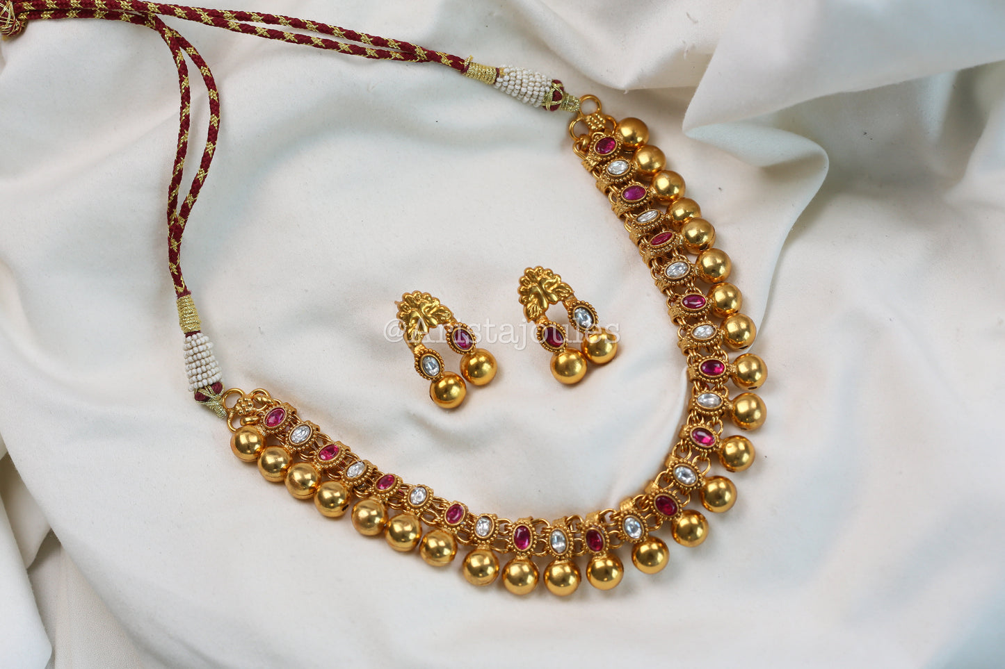 Rohini Antique Gold Kundan Necklace Set - Ruby Clear
