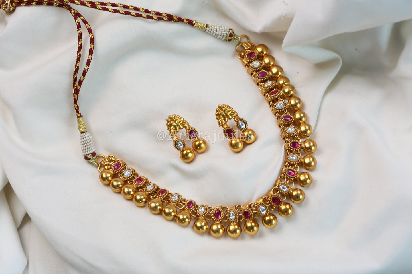 Rohini Antique Gold Kundan Necklace Set - Ruby Clear